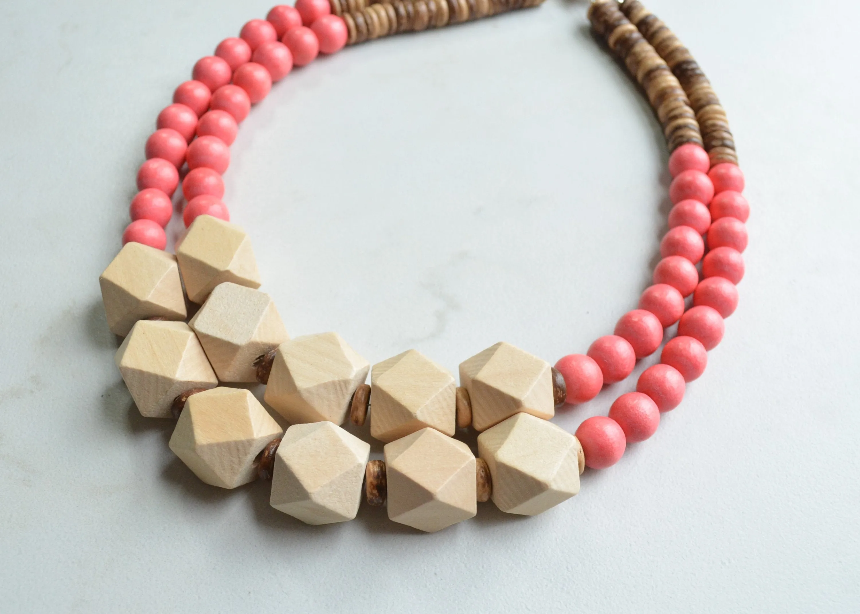 Orange Pink Coral Beige Wood Bead Chunky Multi Strand Statement Necklace - Riley
