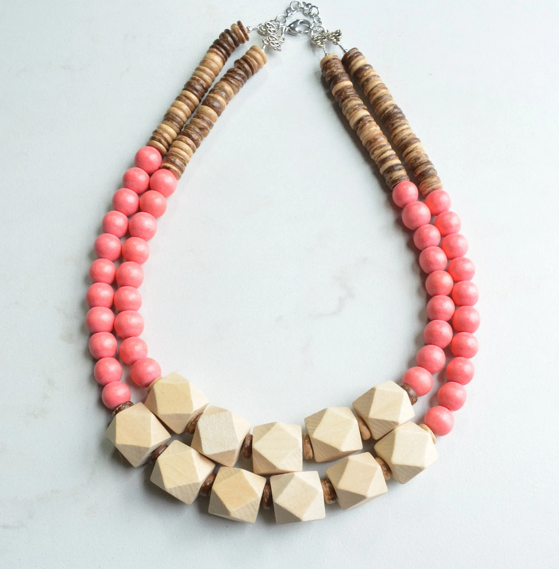 Orange Pink Coral Beige Wood Bead Chunky Multi Strand Statement Necklace - Riley