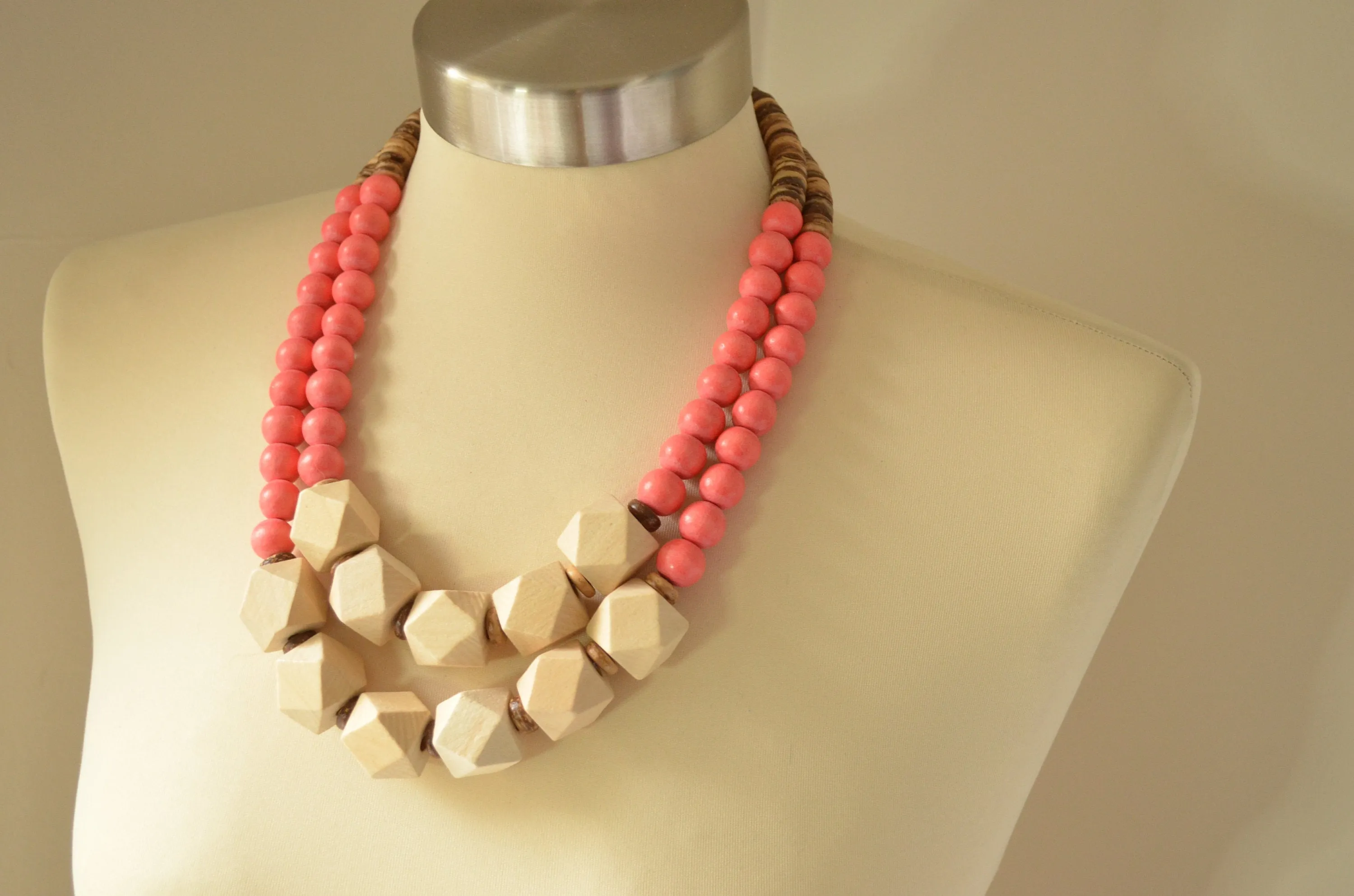Orange Pink Coral Beige Wood Bead Chunky Multi Strand Statement Necklace - Riley