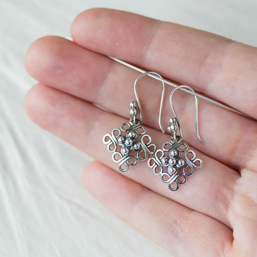 Ornamental Domed Square Earrings, Short Oxidized Silver Dangles