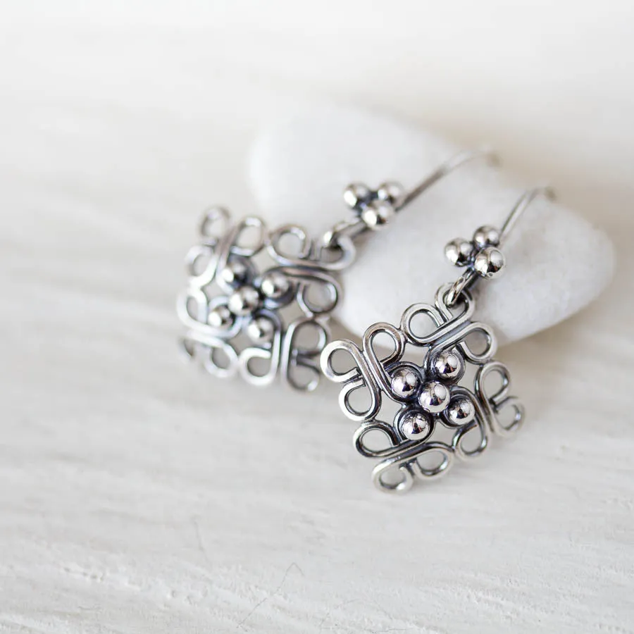 Ornamental Domed Square Earrings, Short Oxidized Silver Dangles