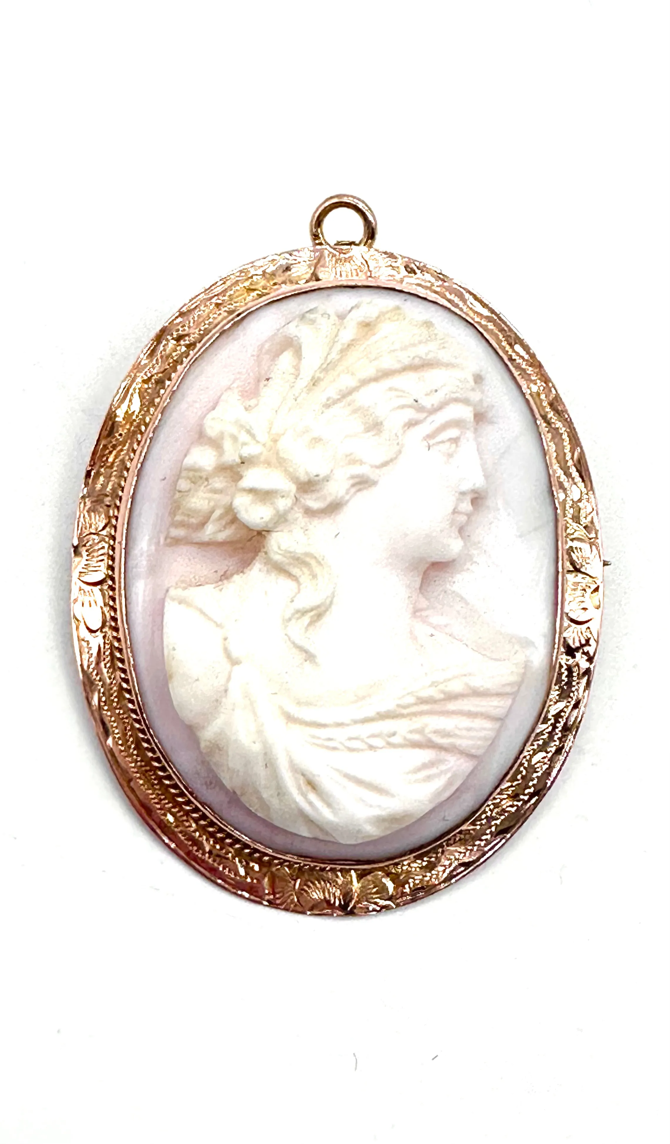 Pink and white cameo framed pin pendant