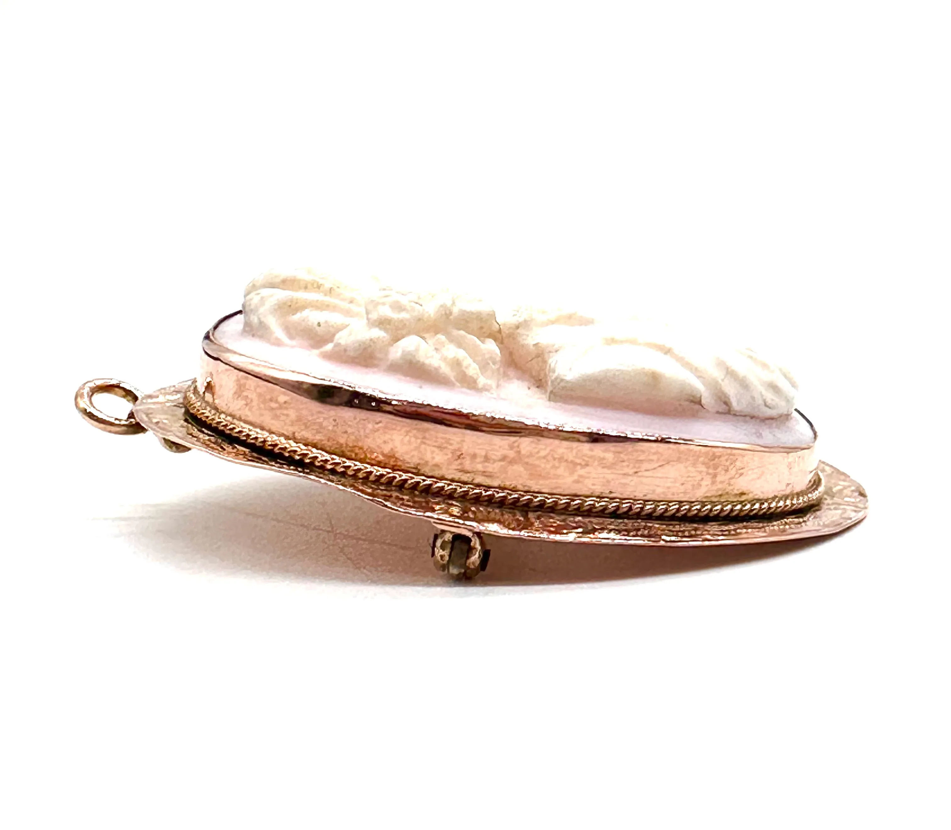 Pink and white cameo framed pin pendant