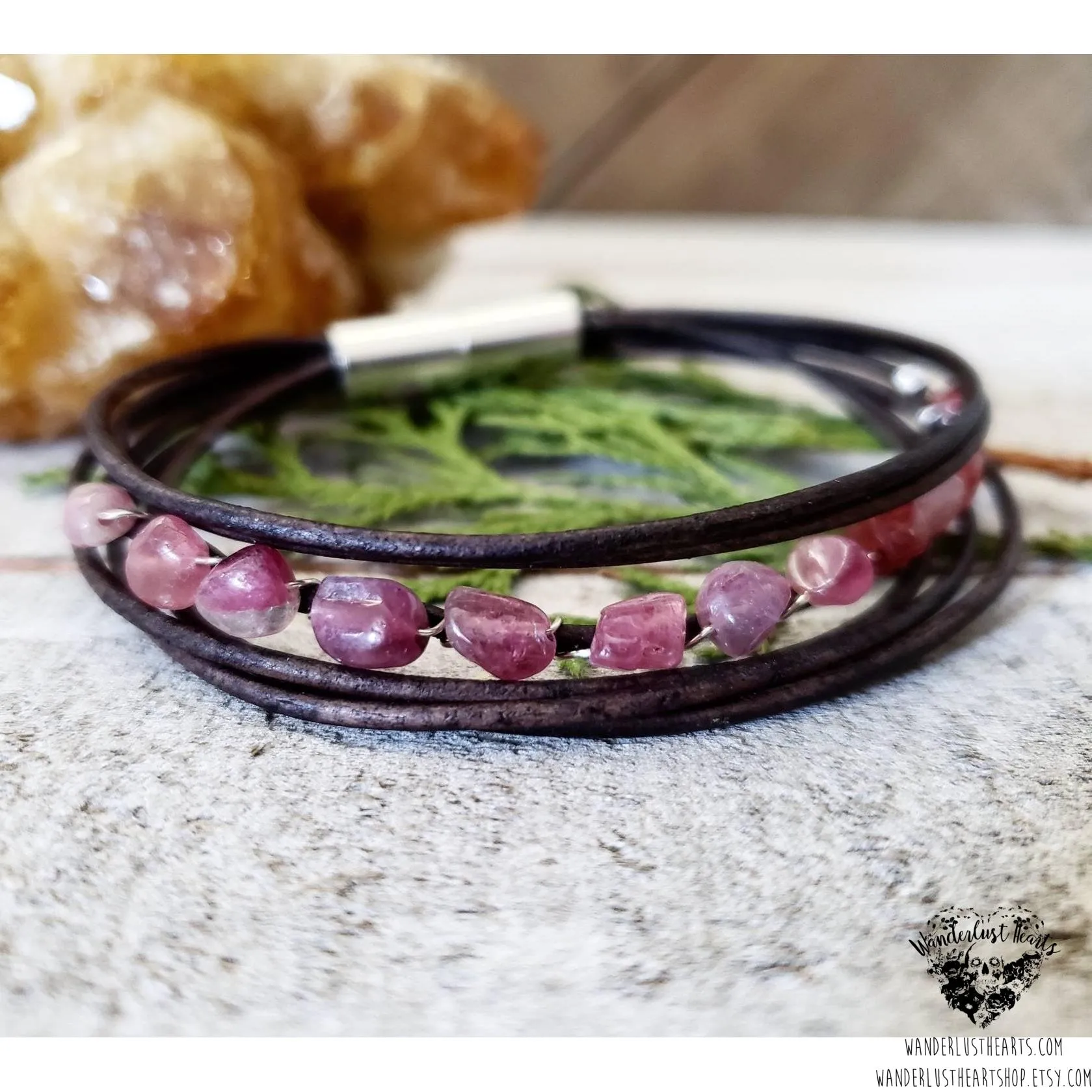 Pink Tourmaline leather bracelet