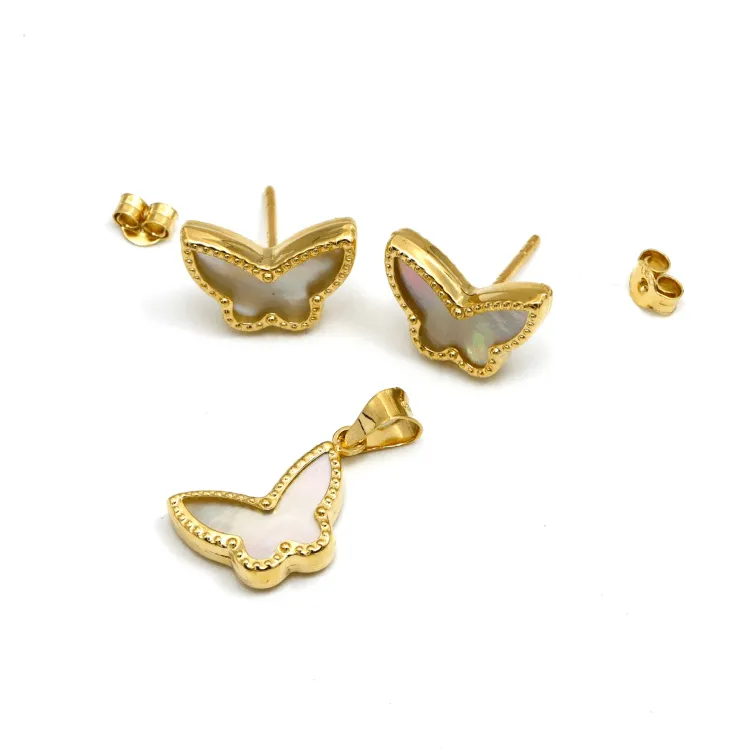 Real Gold GZVC Butterfly Pearl Earring Set   Pendant 0115-2PK SET1053