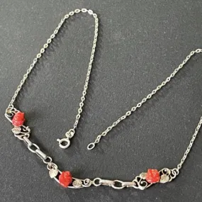 Real Mediterranean red coral vintage rose and Italian sterling silver ornate floral and leaf necklace, stamped 925