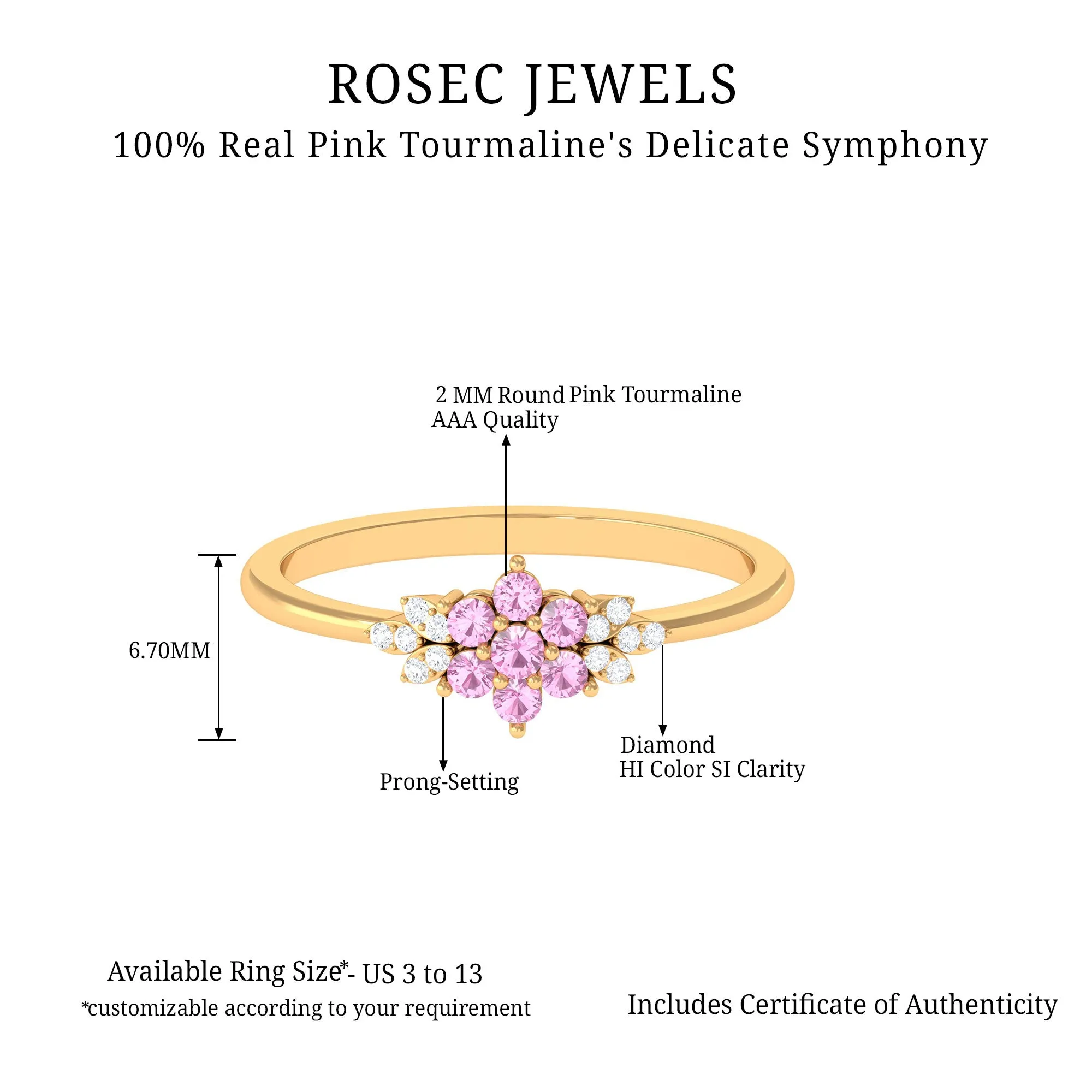 Real Pink Tourmaline Flower Cluster Ring with Diamond