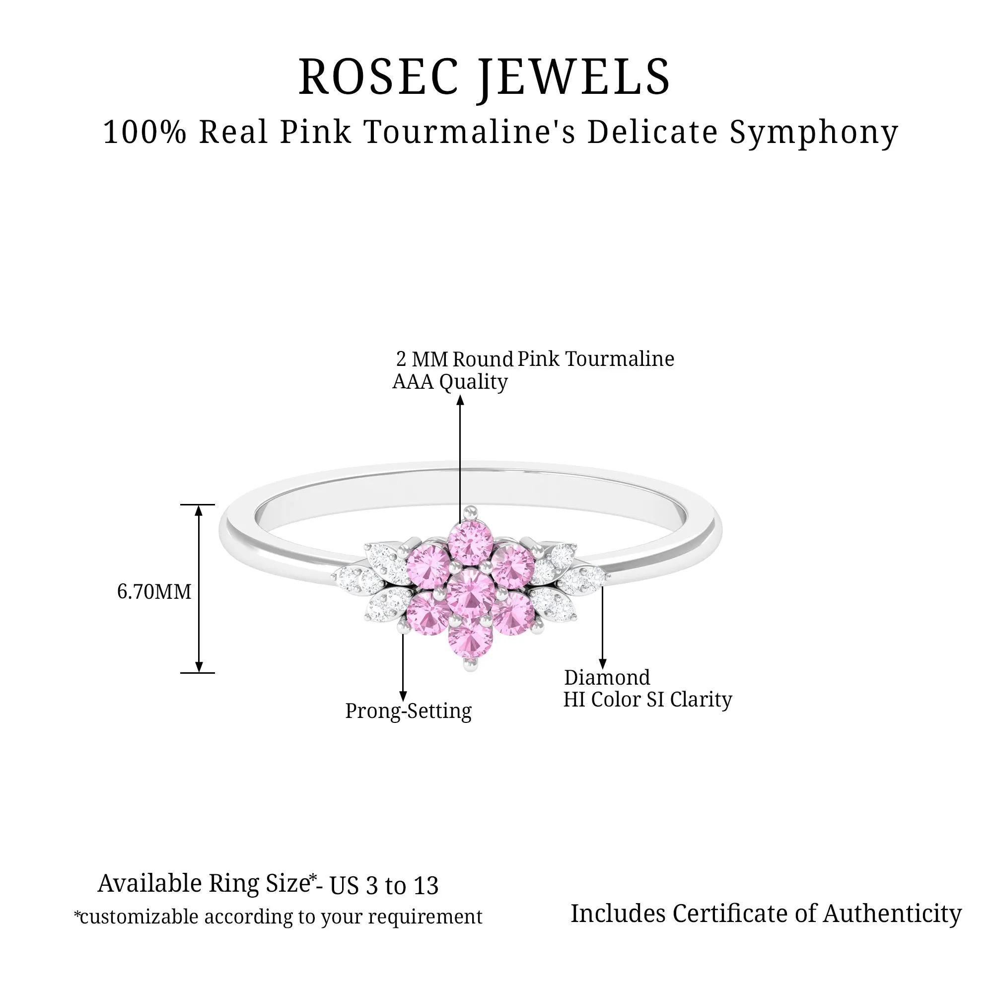 Real Pink Tourmaline Flower Cluster Ring with Diamond