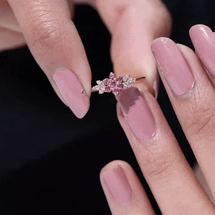 Real Pink Tourmaline Flower Cluster Ring with Diamond