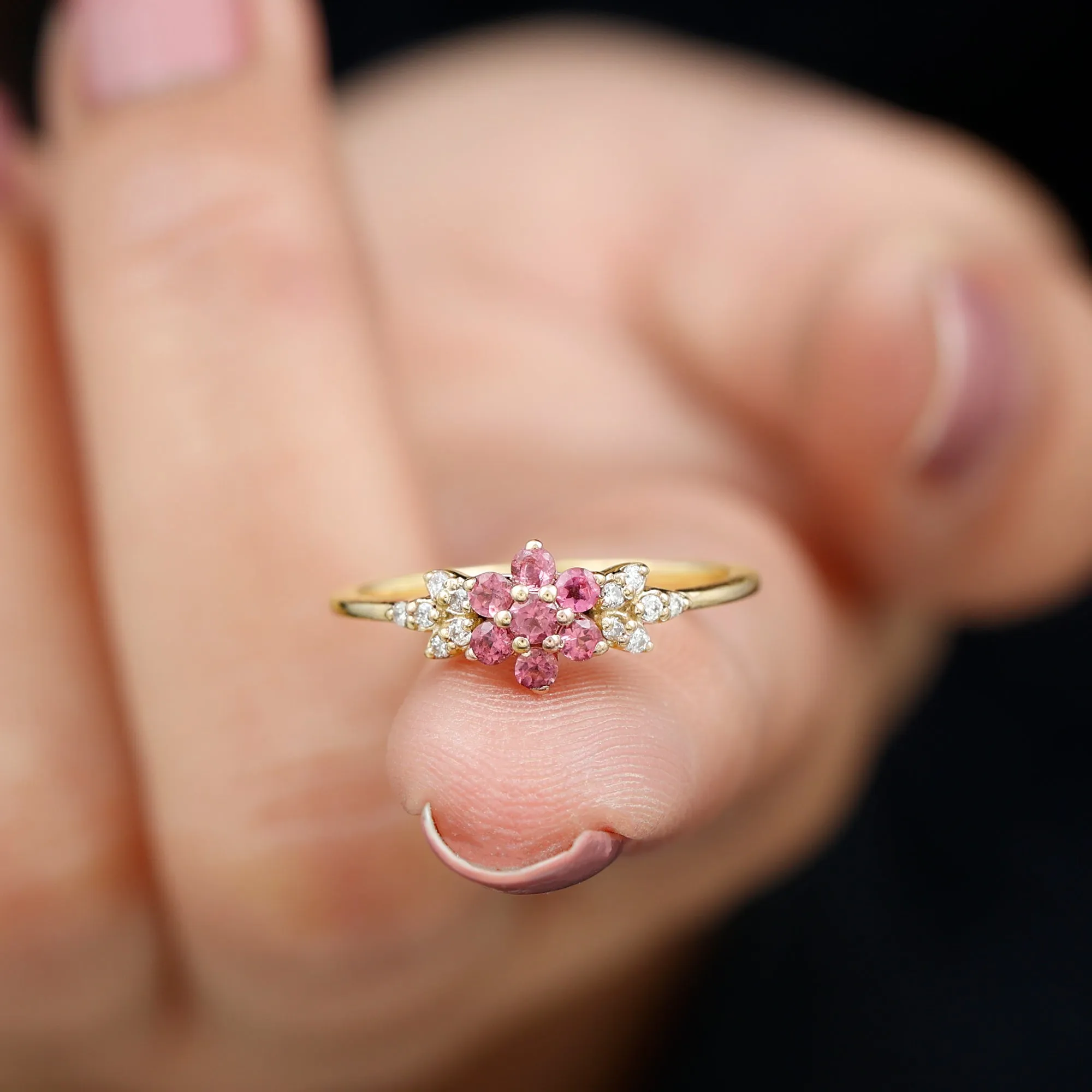 Real Pink Tourmaline Flower Cluster Ring with Diamond
