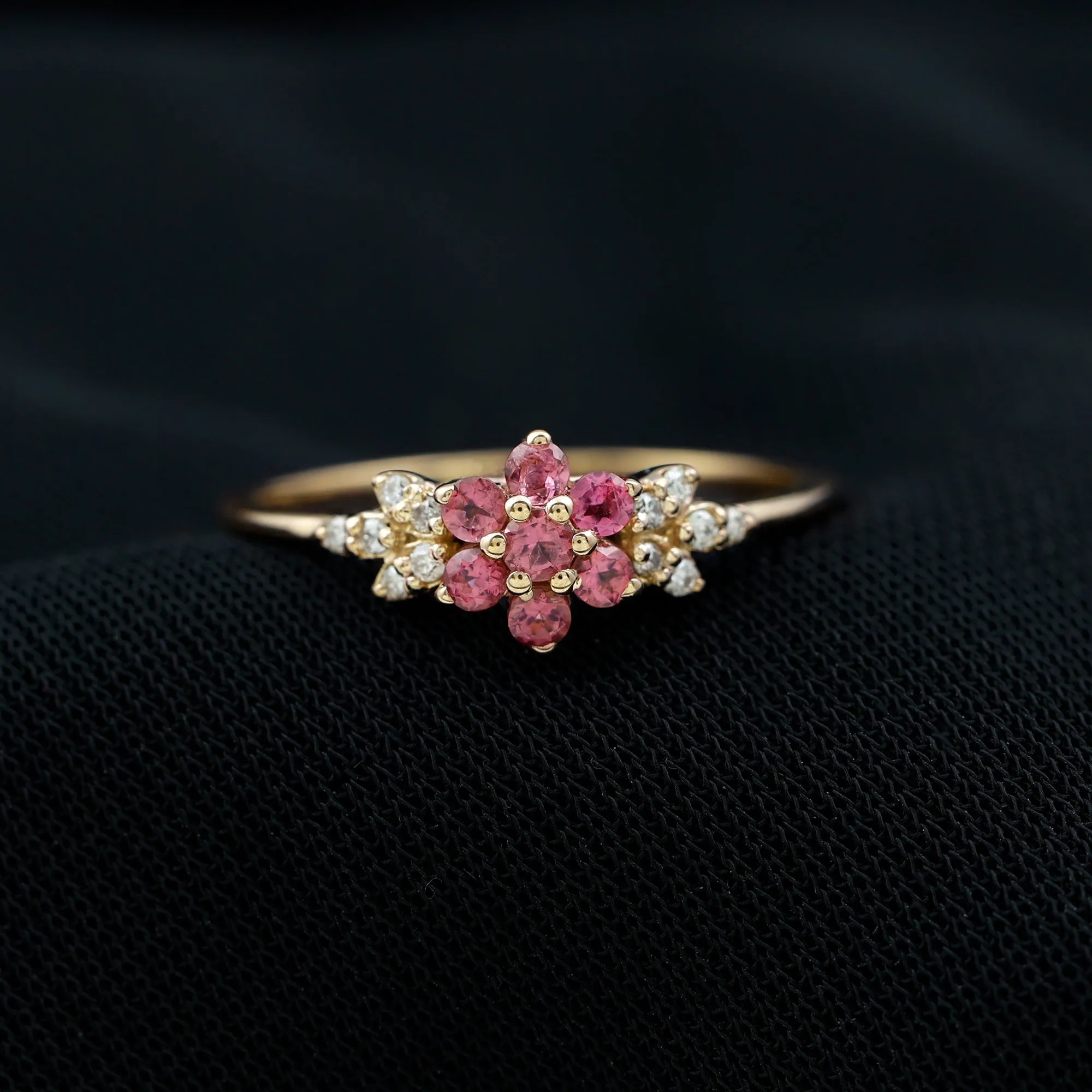 Real Pink Tourmaline Flower Cluster Ring with Diamond