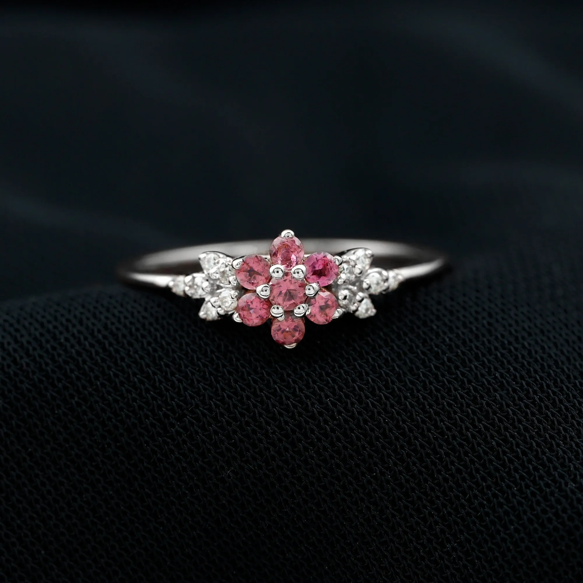 Real Pink Tourmaline Flower Cluster Ring with Diamond