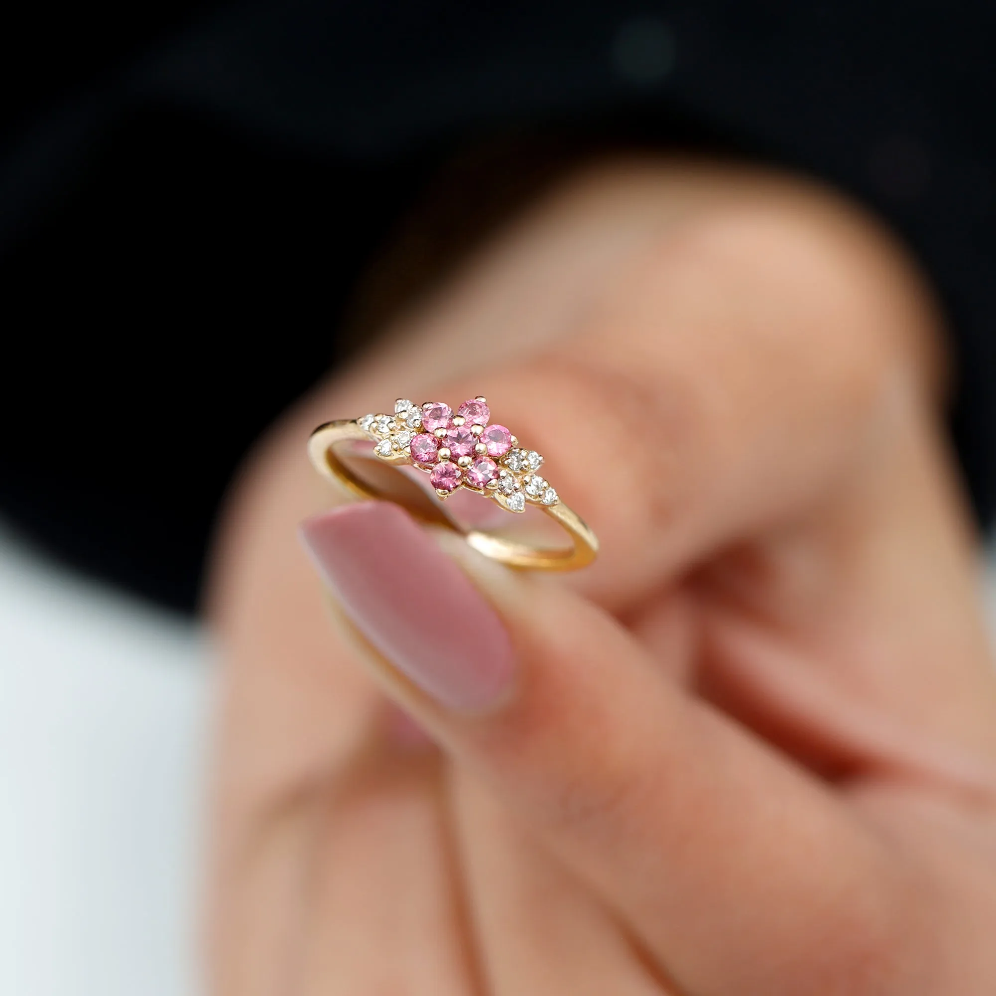 Real Pink Tourmaline Flower Cluster Ring with Diamond