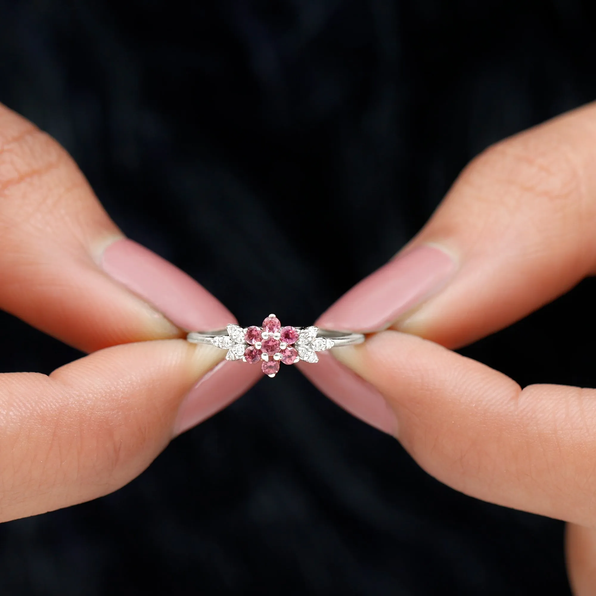Real Pink Tourmaline Flower Cluster Ring with Diamond