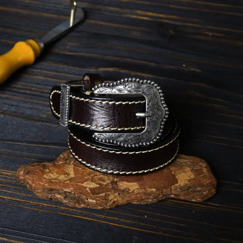 Retro Flower Carved Buckle Sewing Details Leather Belt