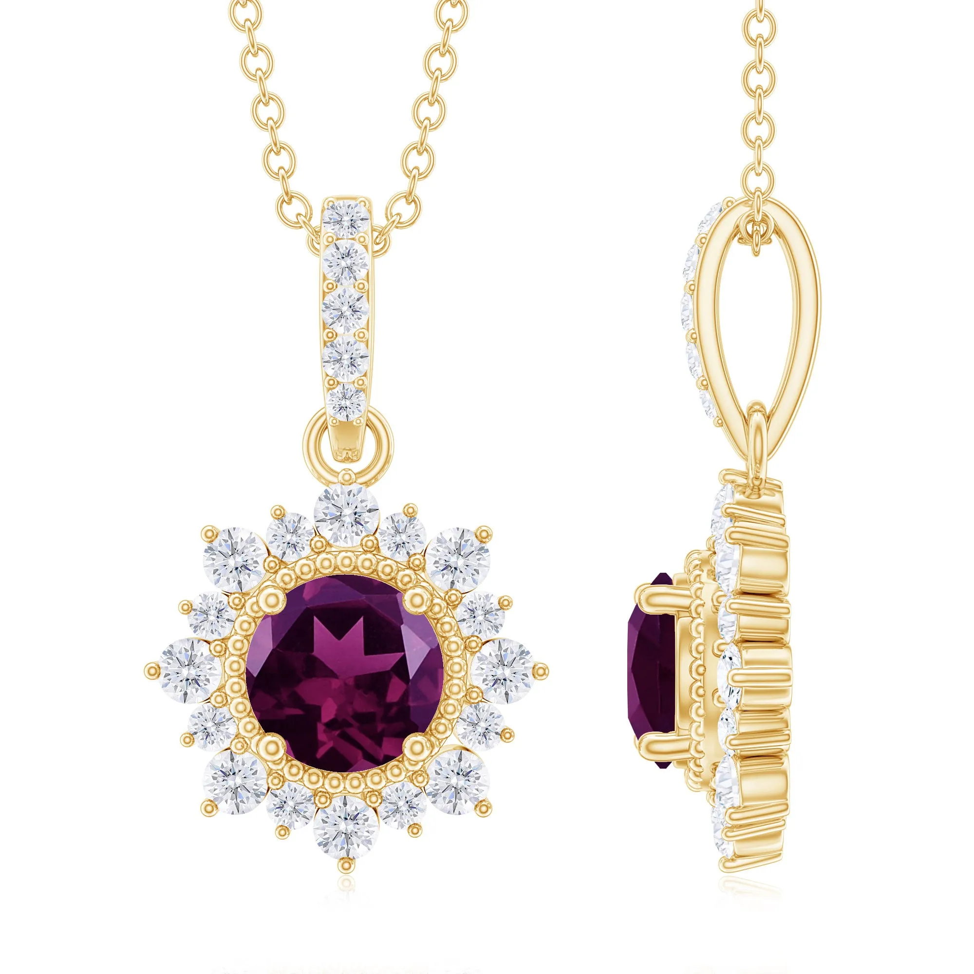 Round Rhodolite Halo Pendant with Diamond Accent Bail