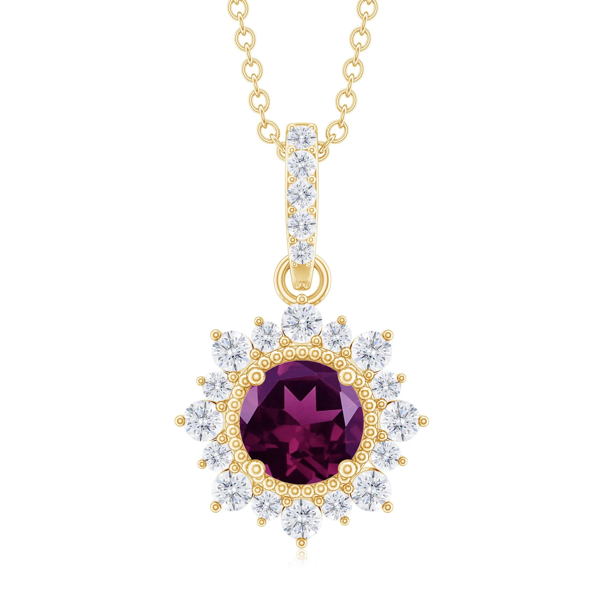 Round Rhodolite Halo Pendant with Diamond Accent Bail