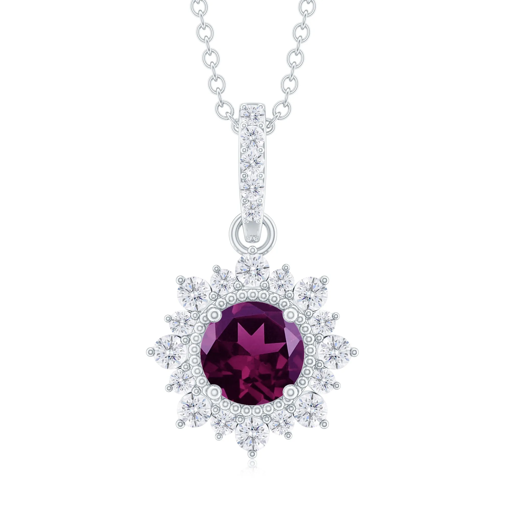 Round Rhodolite Halo Pendant with Diamond Accent Bail