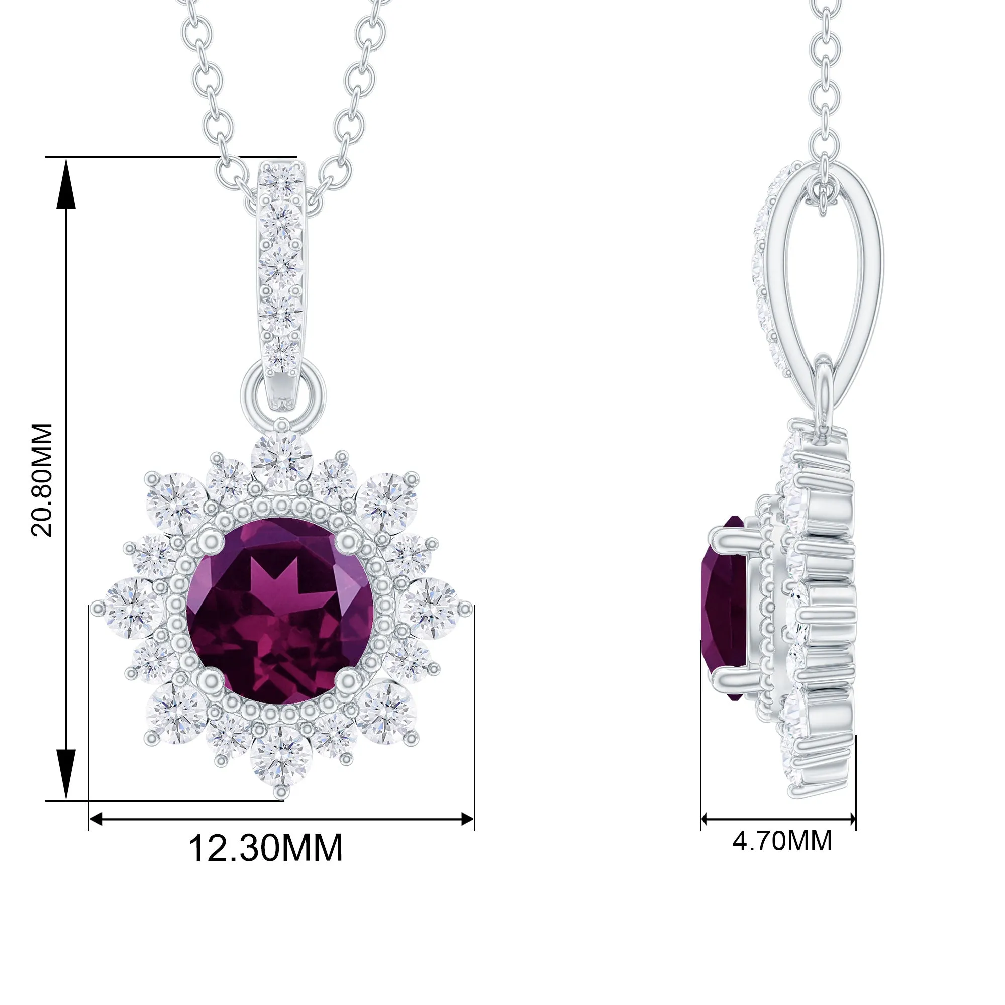 Round Rhodolite Halo Pendant with Diamond Accent Bail