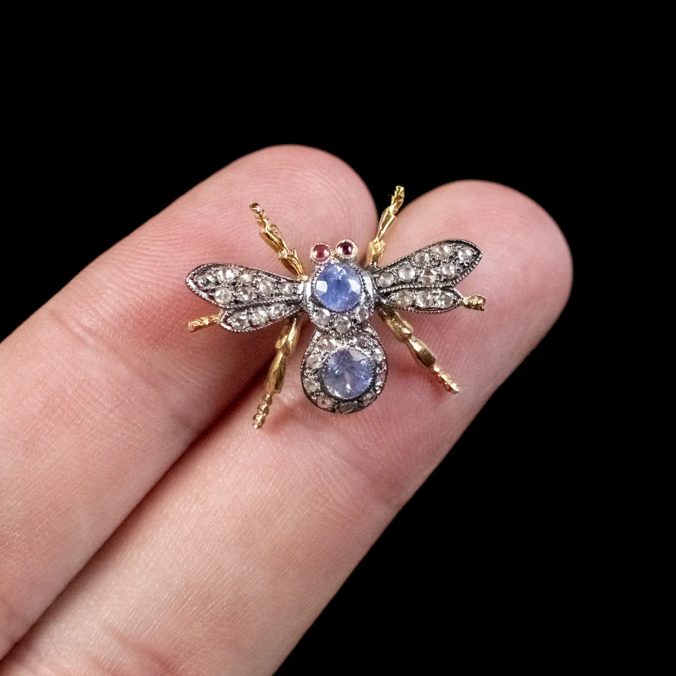Sapphire Diamond Bee Brooch 18Ct Gold Silver Ruby Eyes