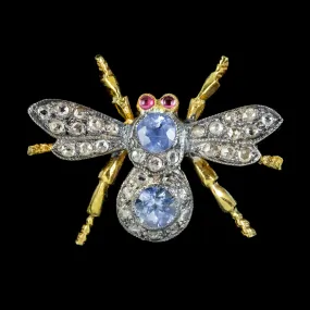 Sapphire Diamond Bee Brooch 18Ct Gold Silver Ruby Eyes