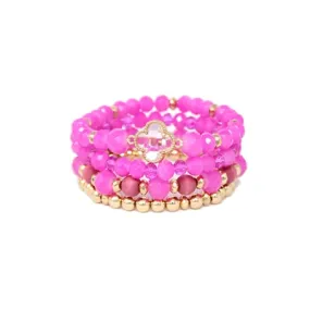 Set of 4 Hot Pink Crystal & Gold Beaded Stretch Bracelets