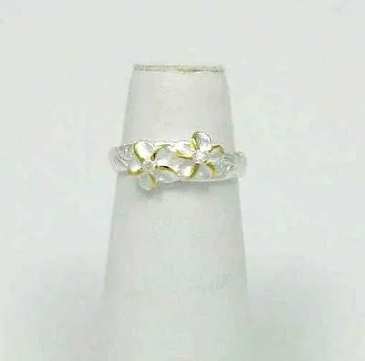 SILVER 2 TONE HAWAIIAN 2 PLUMERIA SCROLL TOE RING CZ