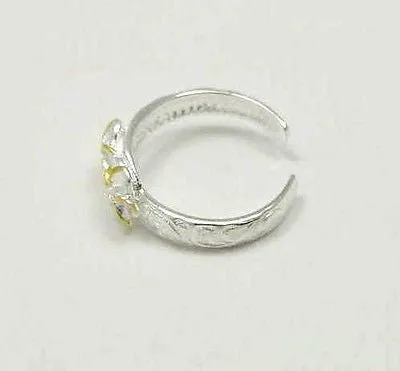 SILVER 2 TONE HAWAIIAN 2 PLUMERIA SCROLL TOE RING CZ