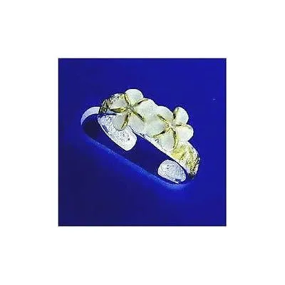 SILVER 2 TONE HAWAIIAN 2 PLUMERIA SCROLL TOE RING CZ