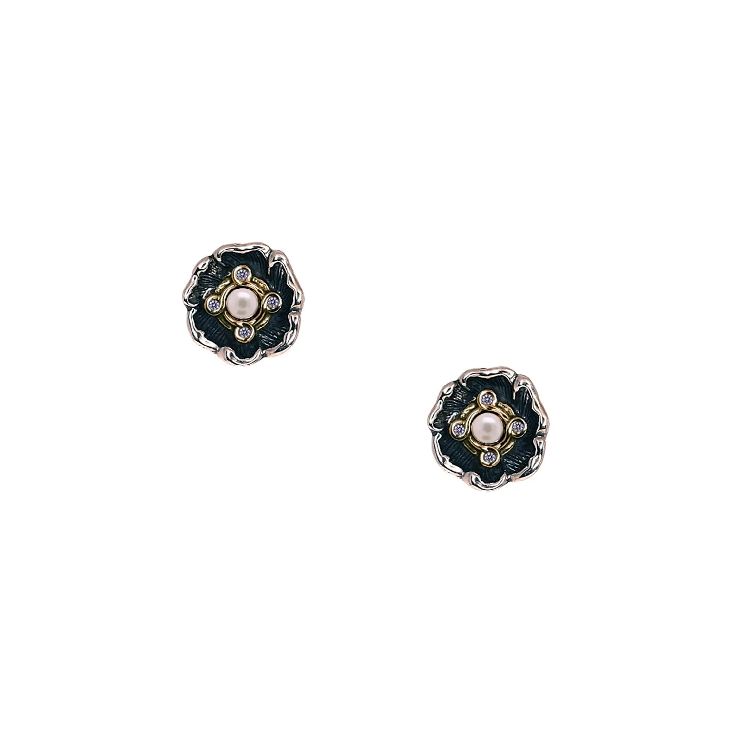 Silver and 10k Gold Aphrodite Stud Earrings - White Fresh Water Pearl