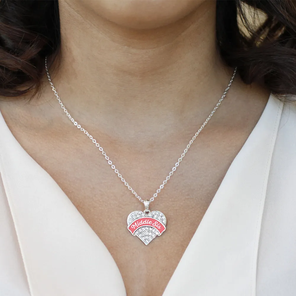 Silver Coral Middle Sister Pave Heart Charm Classic Necklace