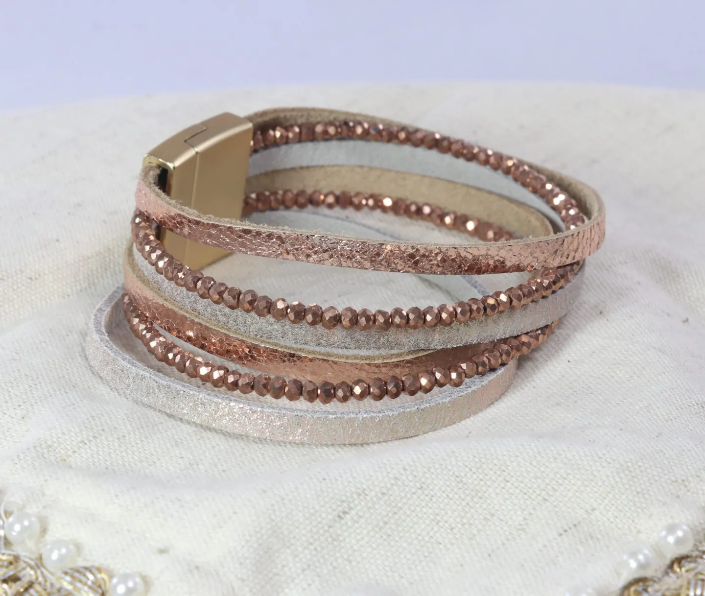Six-band beaded faux leather bracelet with magnetic clasp