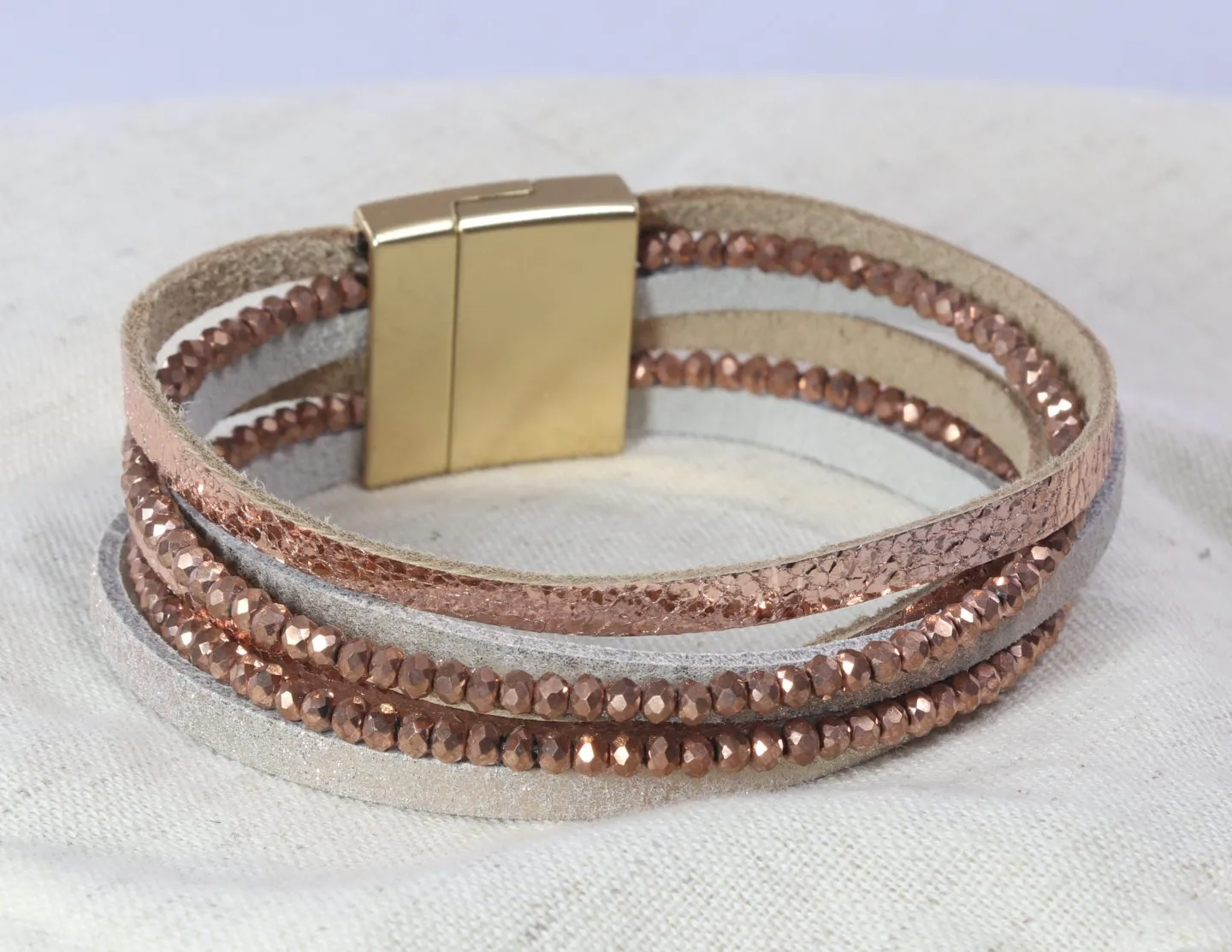 Six-band beaded faux leather bracelet with magnetic clasp