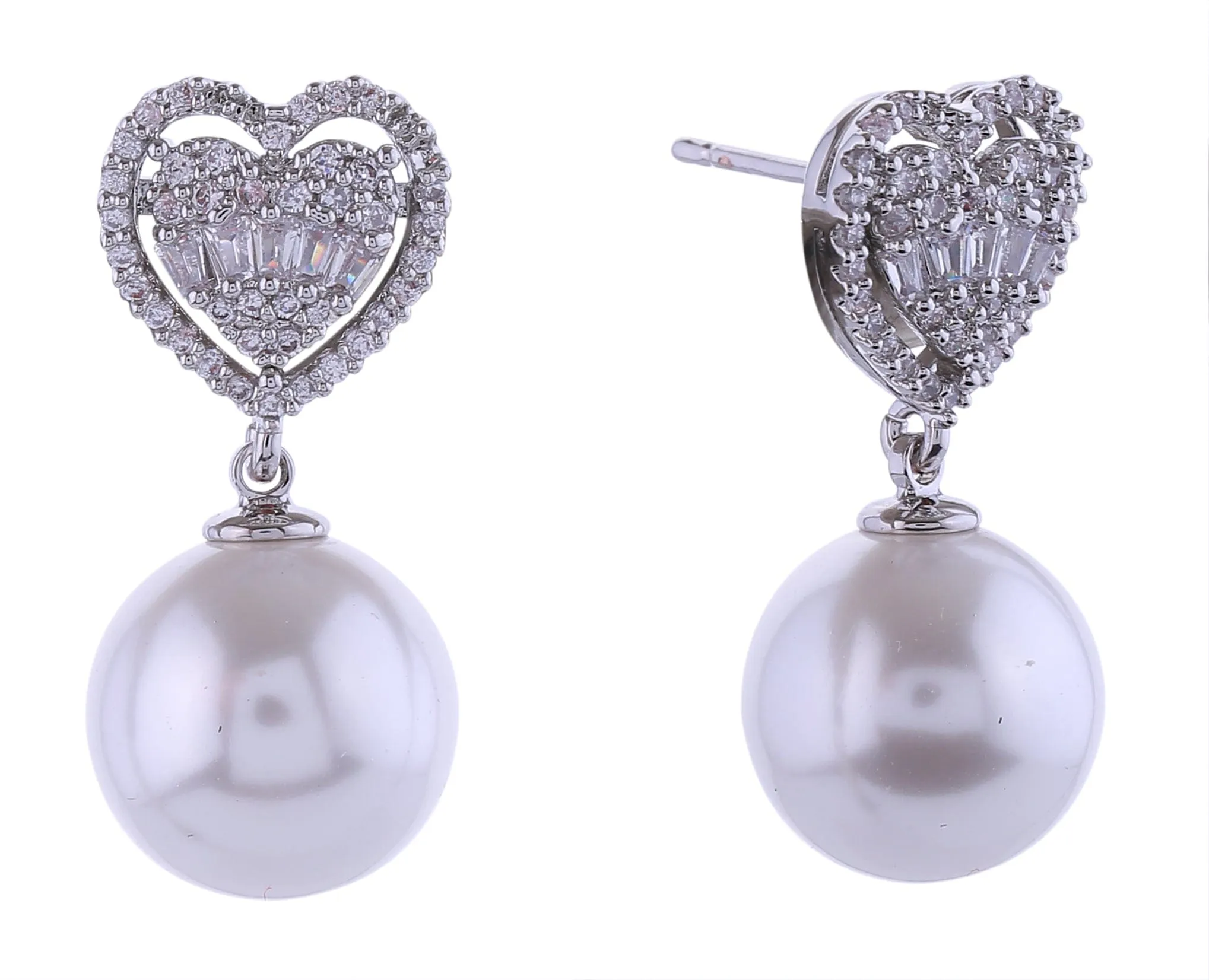 SJE310937 14K Crystal Heart Top Pearl Dangle Earrings