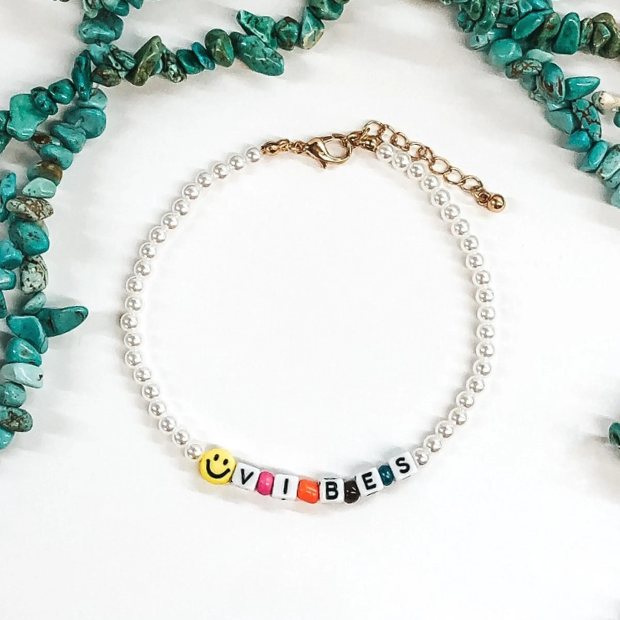 Smiley Vibes Beaded Anklet in White
