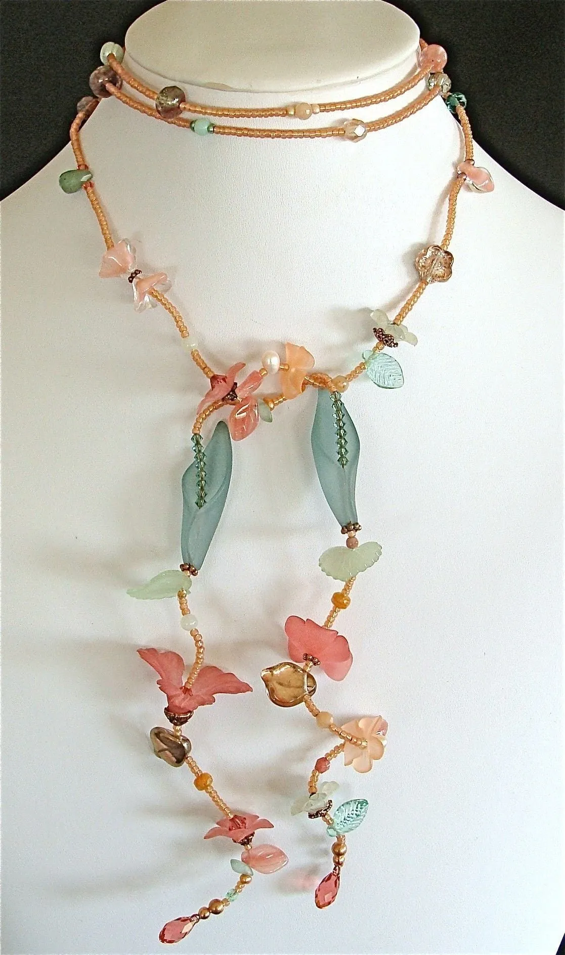 Spring Punch: 50" Pearl and Crystal Lariat Necklace