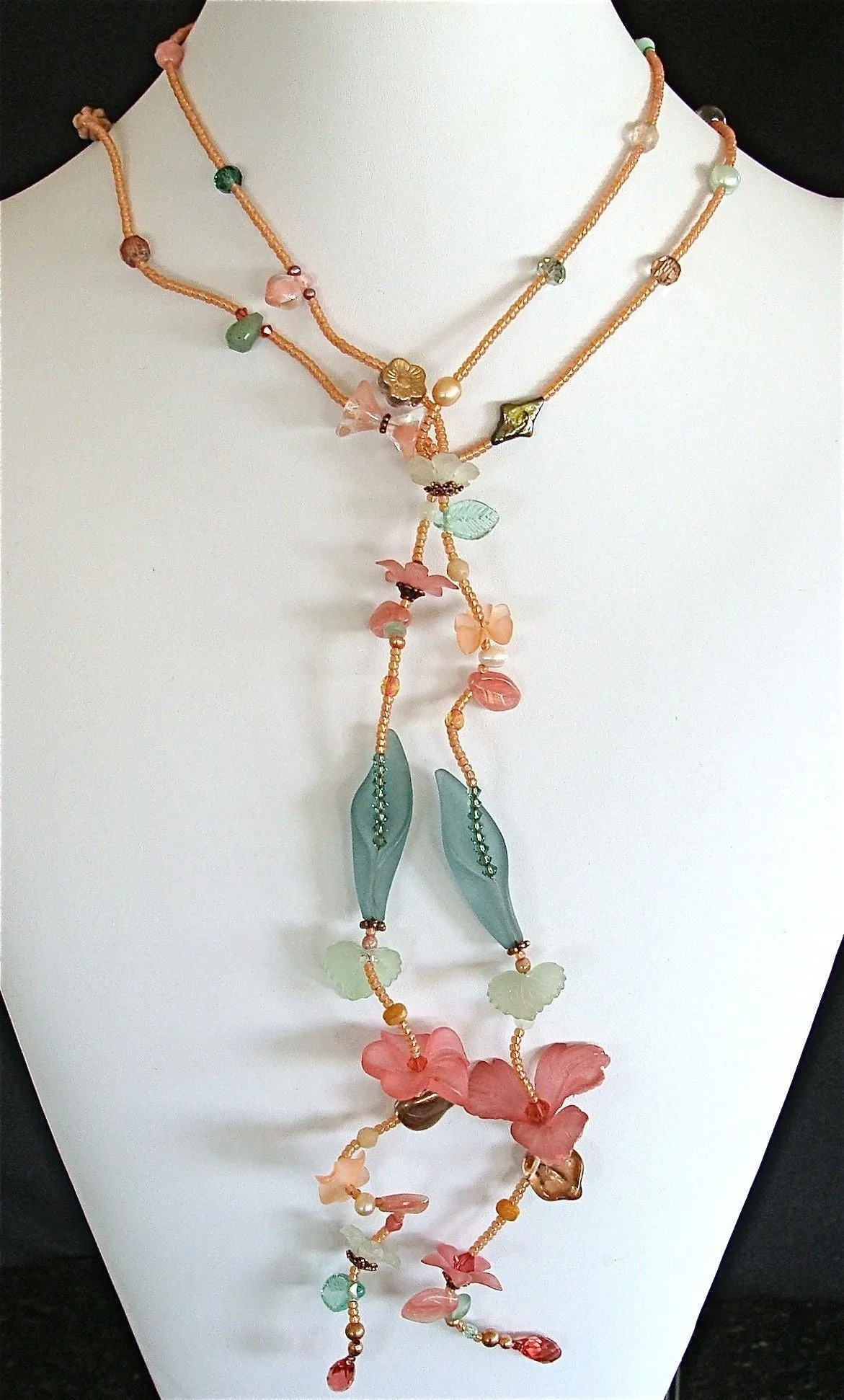 Spring Punch: 50" Pearl and Crystal Lariat Necklace