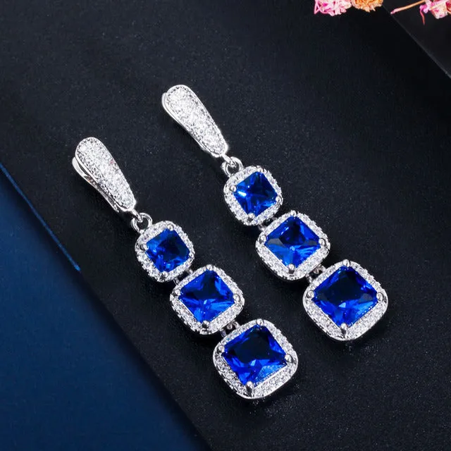Square Cut Cubic Zircon Blue Green Red Long Dangle Huggie Hoop Earrings