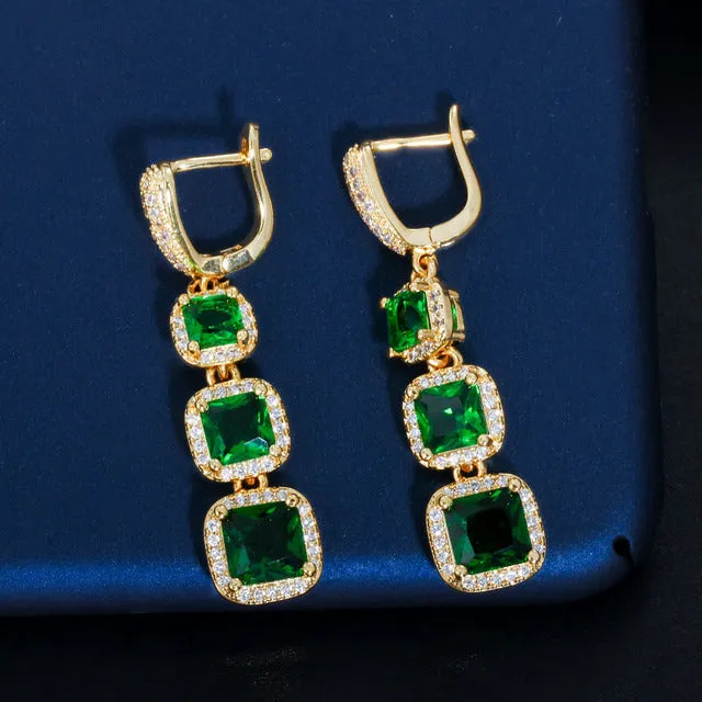 Square Cut Cubic Zircon Blue Green Red Long Dangle Huggie Hoop Earrings