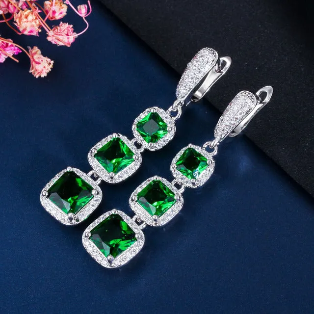 Square Cut Cubic Zircon Blue Green Red Long Dangle Huggie Hoop Earrings