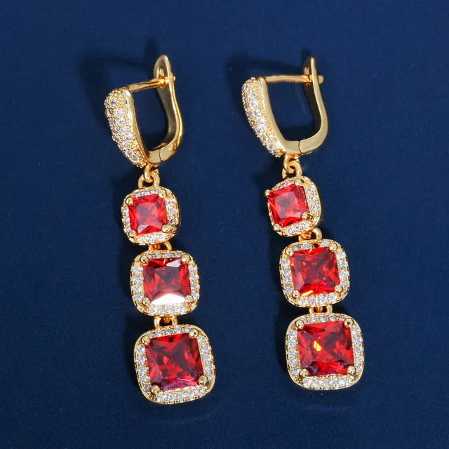 Square Cut Cubic Zircon Blue Green Red Long Dangle Huggie Hoop Earrings