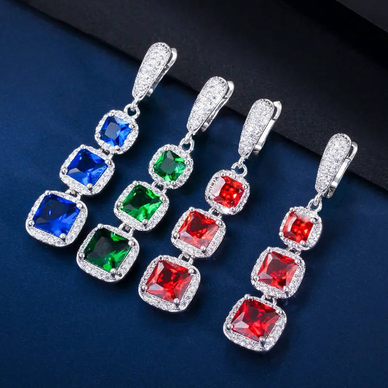 Square Cut Cubic Zircon Blue Green Red Long Dangle Huggie Hoop Earrings