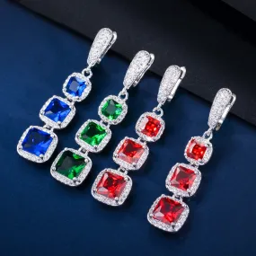 Square Cut Cubic Zircon Blue Green Red Long Dangle Huggie Hoop Earrings