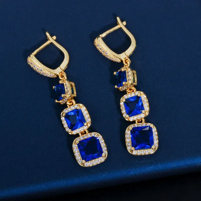 Square Cut Cubic Zircon Blue Green Red Long Dangle Huggie Hoop Earrings