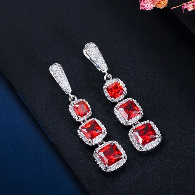 Square Cut Cubic Zircon Blue Green Red Long Dangle Huggie Hoop Earrings