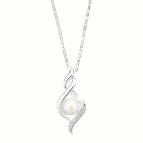 Sterling Silver  Button 7.5-8 mm White Fresh Water Pearl Cubic Zirconia Pendant