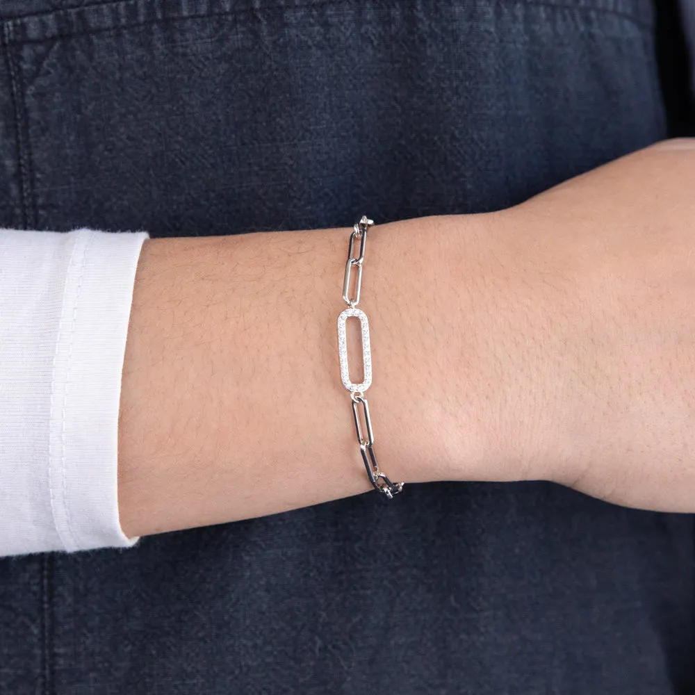 Sterling Silver Cubic Zirconia On Link Rhodium Plated Bracelet