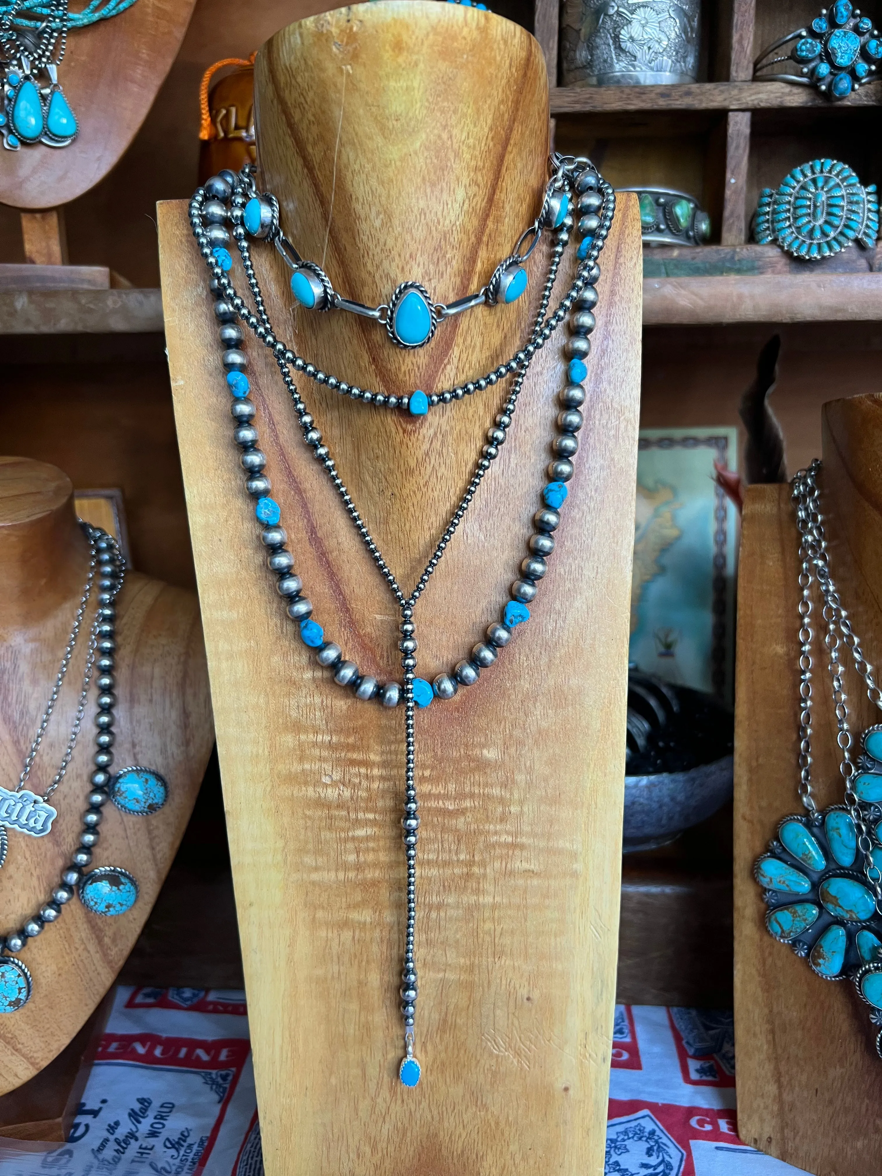 Sterling Silver Pearl lariat Necklace with turquoise nugget