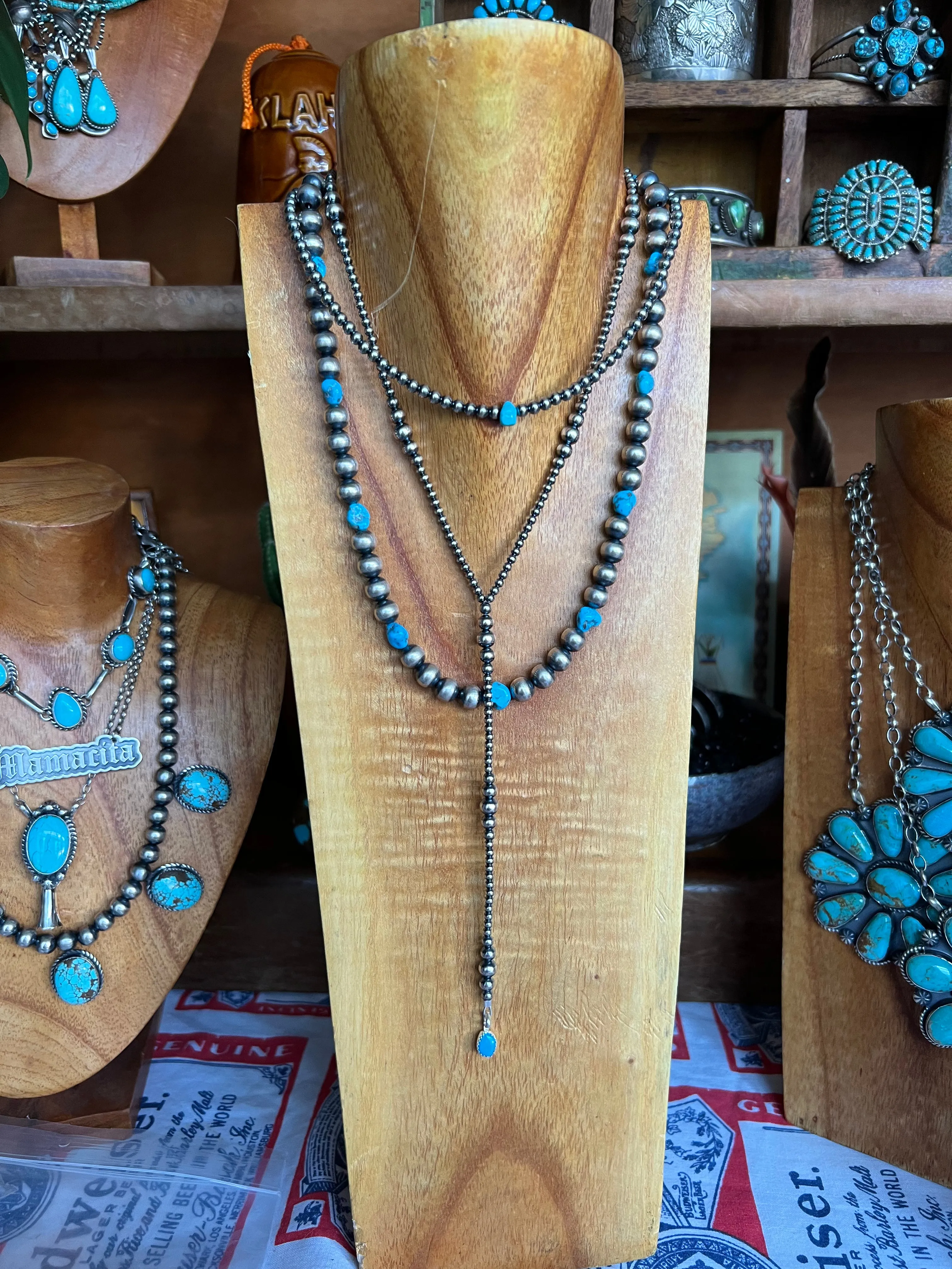 Sterling Silver Pearl lariat Necklace with turquoise nugget