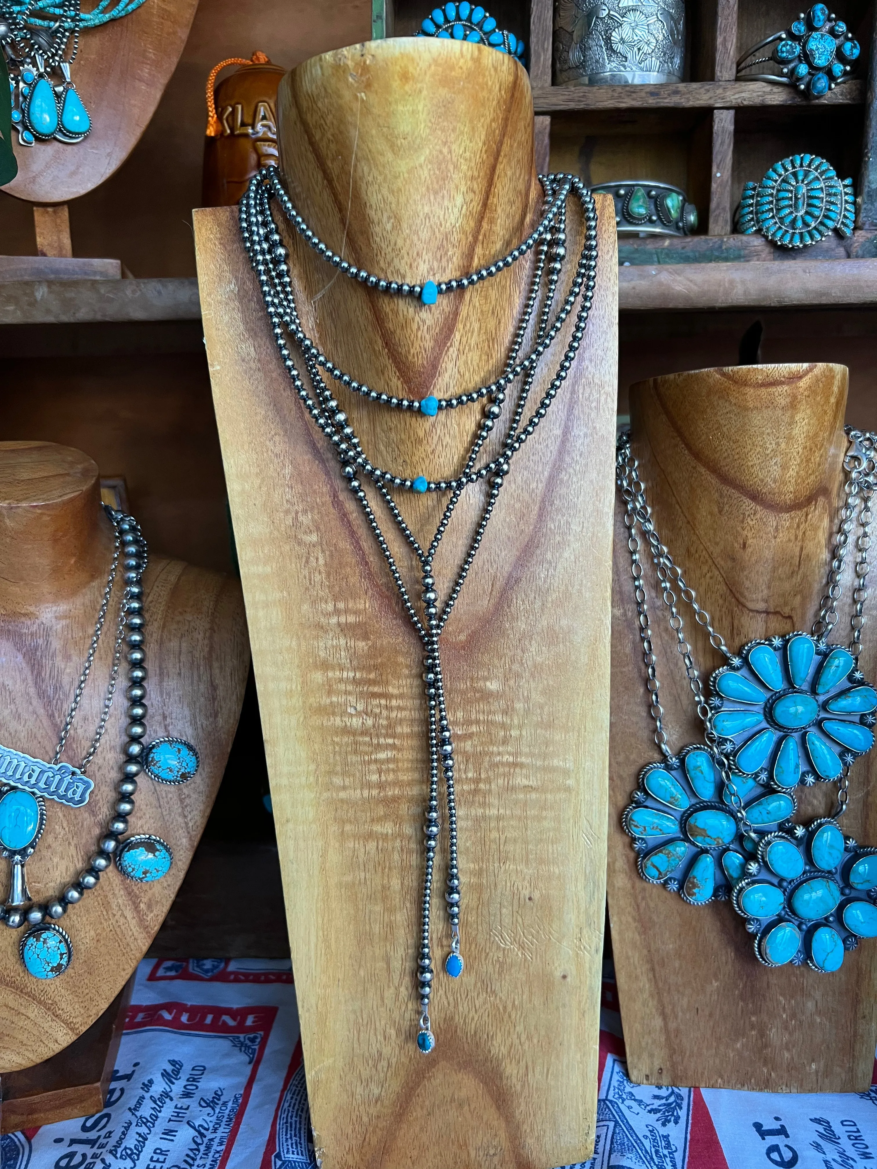 Sterling Silver Pearl lariat Necklace with turquoise nugget